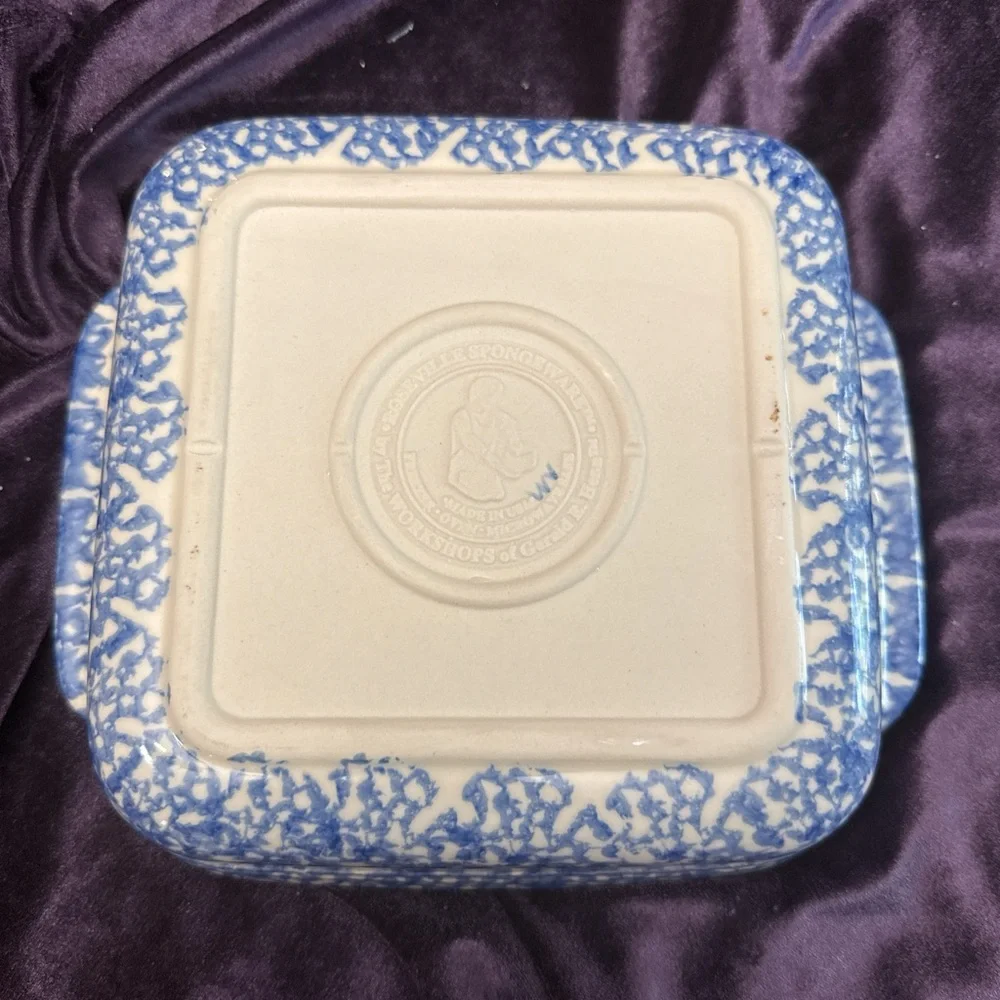Henn Workshops Blue Sponge Collection casserole dish in a wooden basket
